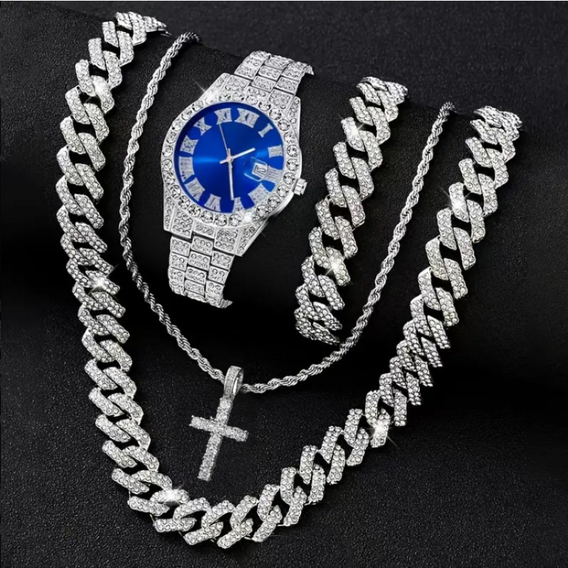 Icebox Jewelry Watches - 3/4 個のヒップホップアイスアウトメンズウォッチジュエリーセット高級ラインストーンクォーツ腕時計キューバリンクチェーンアクセサリー（箱なし）