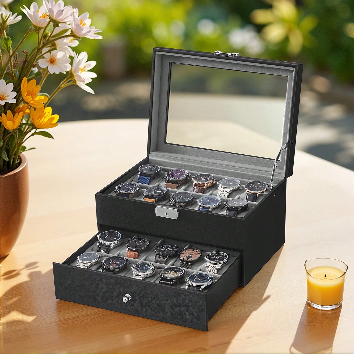 Jewelry Watches Women - 20スロット腕時計ボックス、ガラス蓋とロック付き、2層レザー腕時計ディスプレイケースオーガナイザー、男性女性用大型収納ホルダー、ブラック