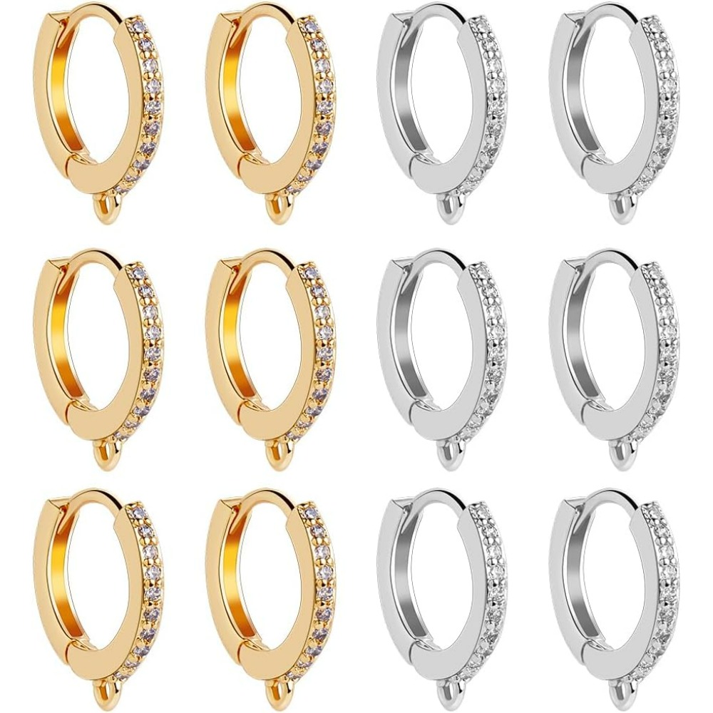 Hoop Earrings - ラウンドレバーバックフック,18Kゴールドとプラチナメッキ真鍮,キュービックジルコニアハギーフープピアス,メイキングキット,1ボックス12個