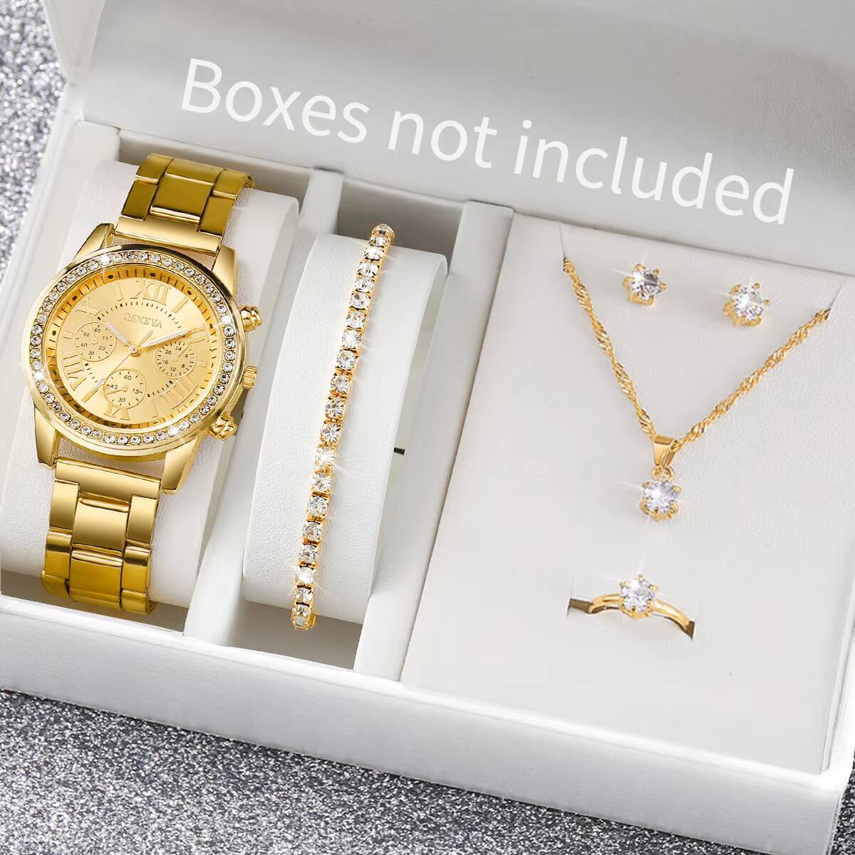 Jewelry Box Watches Bracelets - 6 ピース/セットファッションラインストーン女性用腕時計アナログクォーツ腕時計ジュエリーセットレロジオフェミニーノ（箱なし）