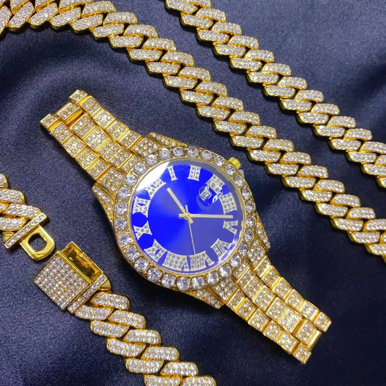 Icebox Jewelry Watches - 3点セット ヒップホップ カレンダーウォッチ ネックレス ブレスレット ジュエリーセット