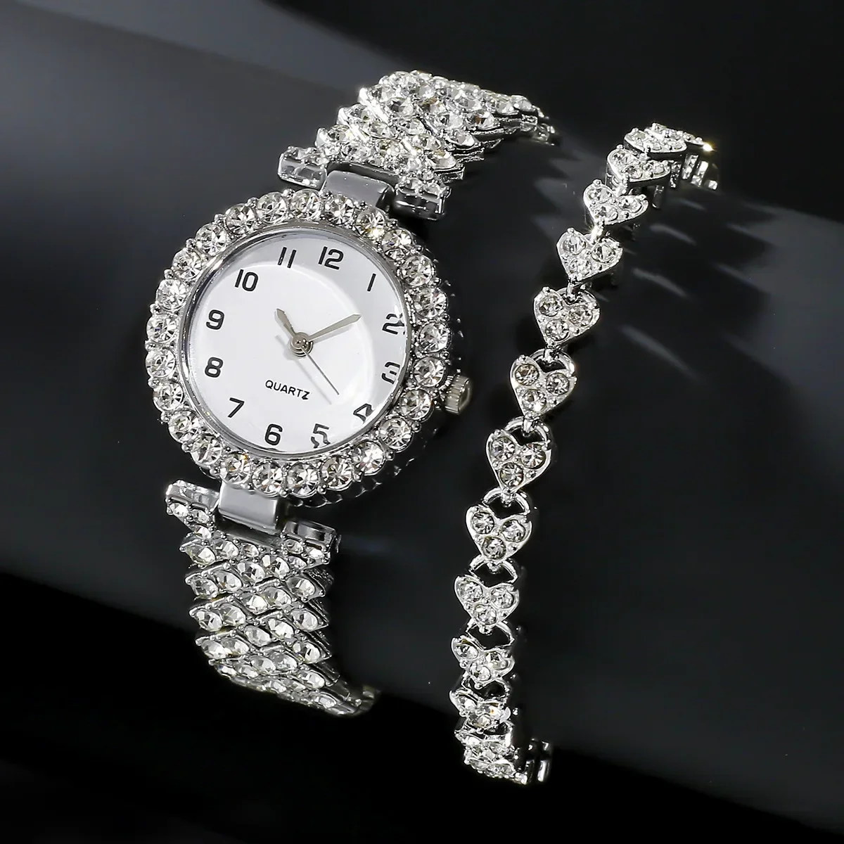 Jewelry Watches Women - 1 個/2 個高級ファッション女性腕時計セットシルバーストラップレディースクォーツ腕時計合金ブレスレット女性のためのジュエリーセット時計ギフト
