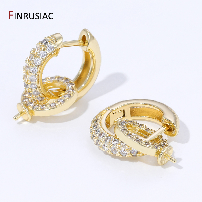 Hoop Earrings - 18K金メッキ真鍮製ジルコン象嵌フープイヤリング、パール取り付け付き、DIYパールイヤリング製作アクセサリー用イヤリング金具