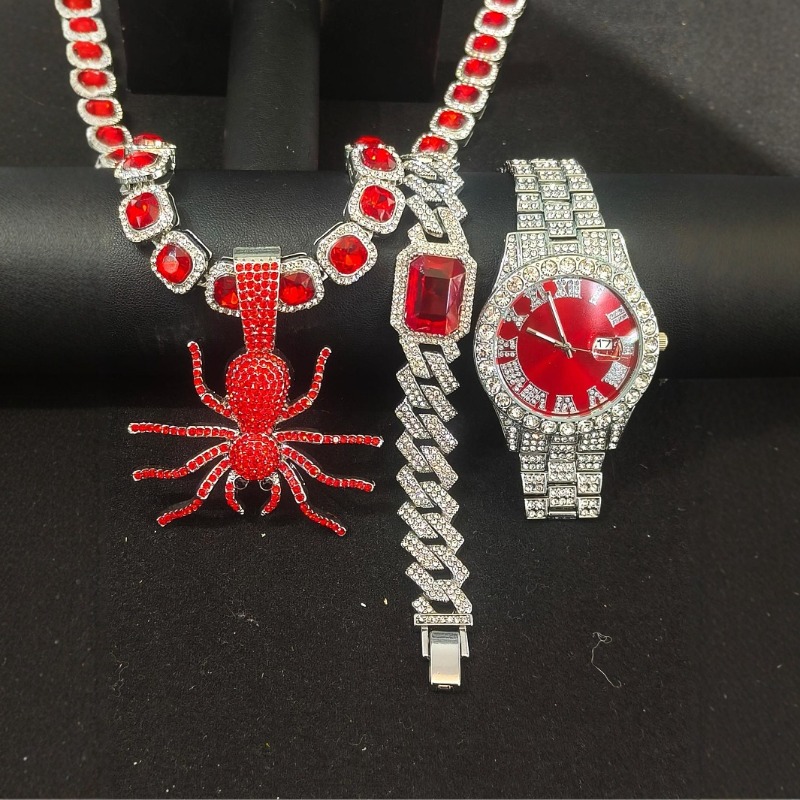 Icebox Jewelry Watches - メンズ用ヒップホップジュエリーセット - ローマンウォッチ、キューバンチェーンネックレス＆ブレスレット（スパイダーペンダント付き）、アイスアウトストリートウェアギフトボックス