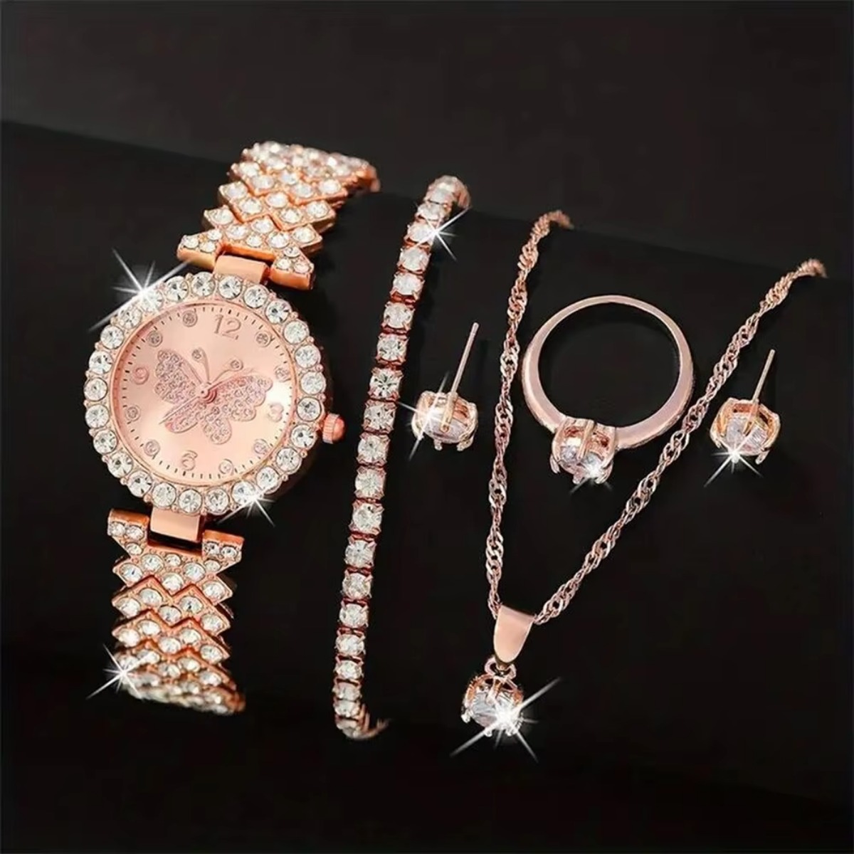 6 ピース/セット高級ラインストーン蝶女性用クォーツ時計ファ - Jewelry Box Watches Bracelets のレビューと価格