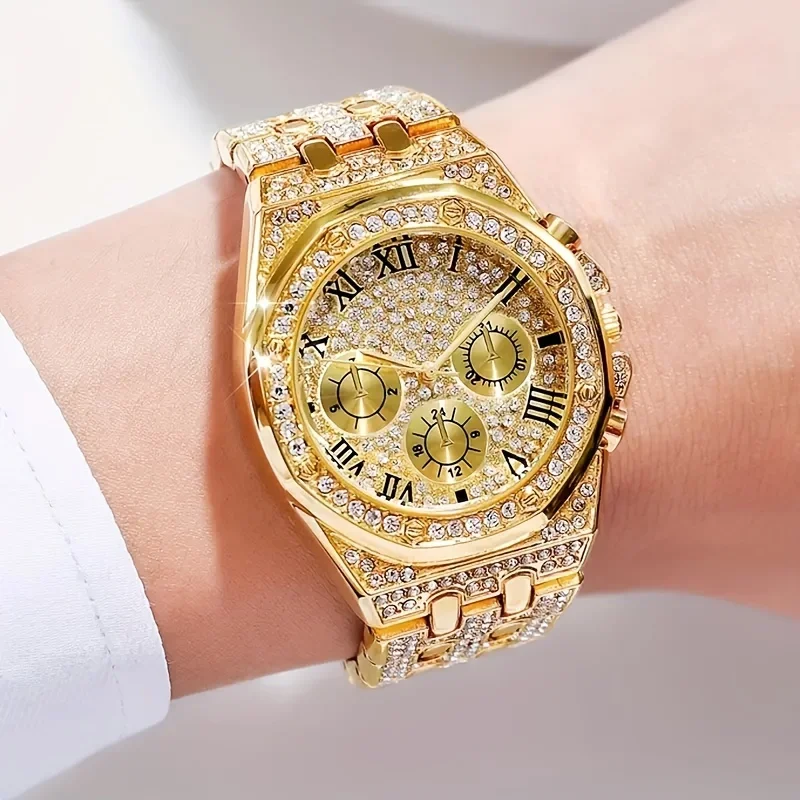 高級八角形ベゼルアイスクォーツ時計マルチパックローマ数字ダイ - Icebox Jewelry Watches のレビューと価格