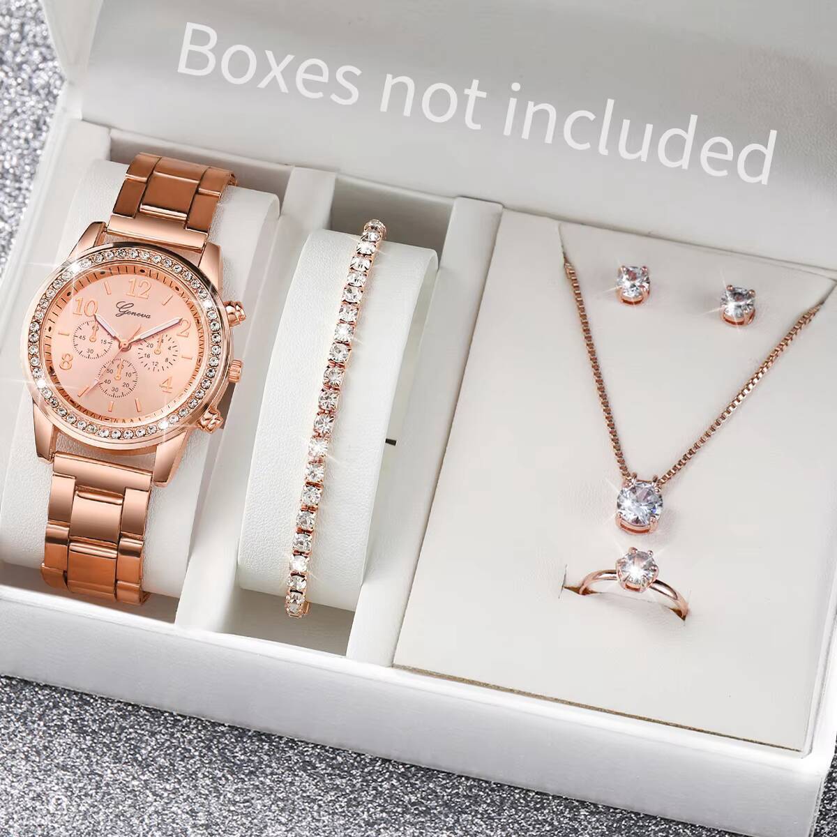 6 ピース/セットファッションラインストーン女性用腕時計アナ - Jewelry Box Watches Bracelets のレビューと価格