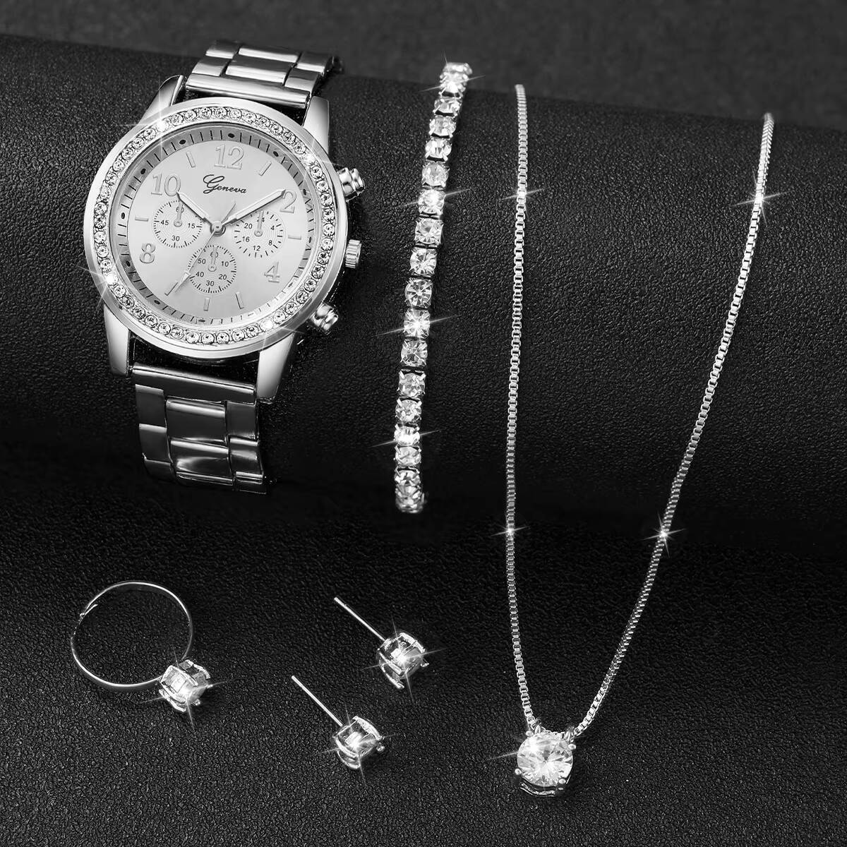 6 ピース/セットファッションラインストーン女性用腕時計アナ - Jewelry Box Watches Bracelets のレビューと価格