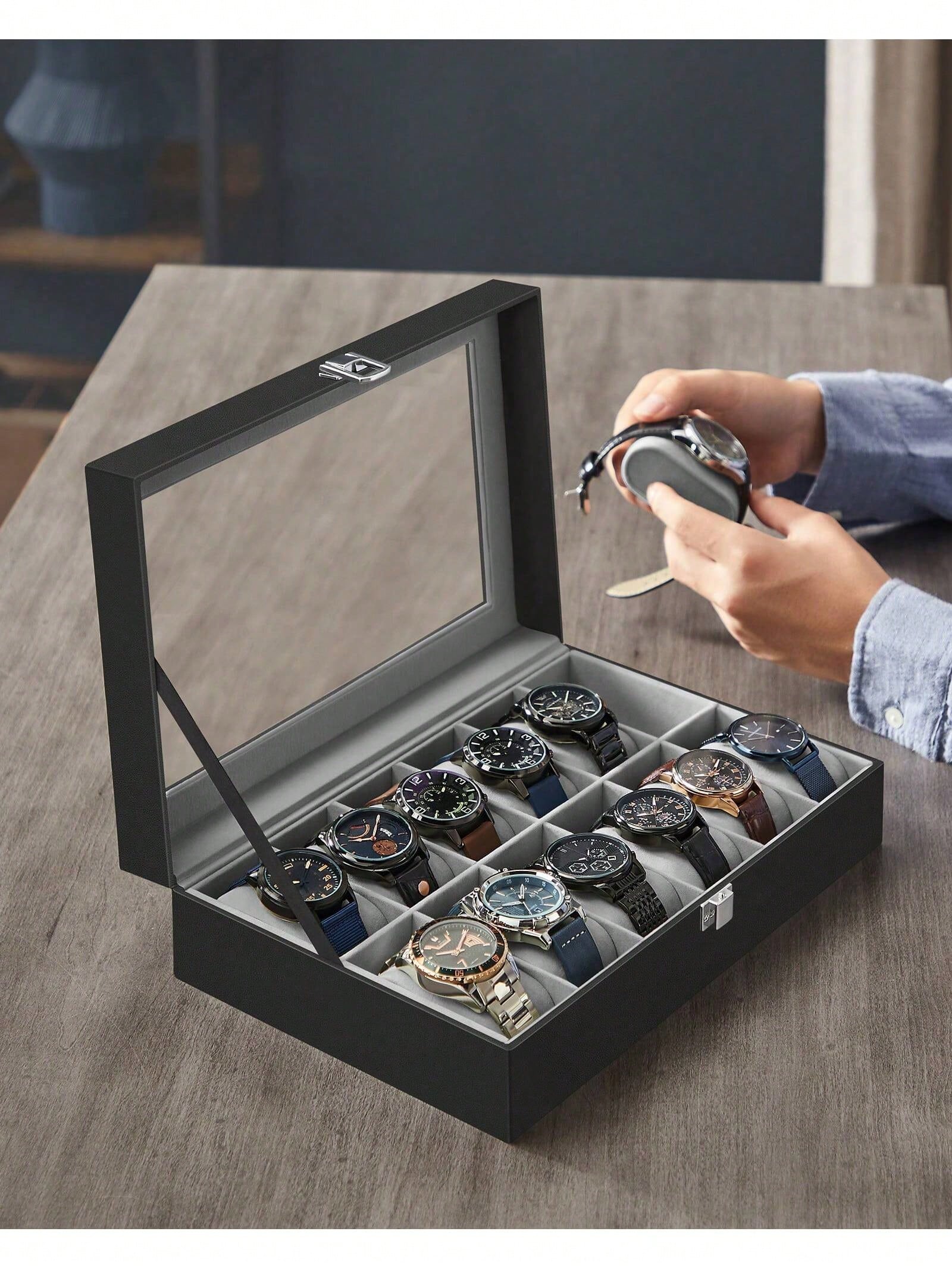 12スロットのロック可能な時計ボックス、ガラス蓋と引き出し付 - Jewelry Box Watches Bracelets のレビューと価格